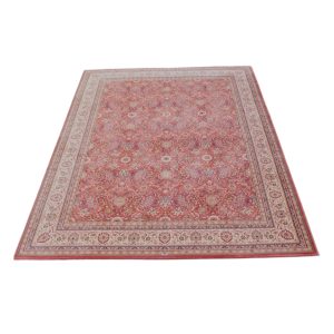 Groot en luxe voornamelijk roze/ rood wollen oosters vloerkleed 345x250cm