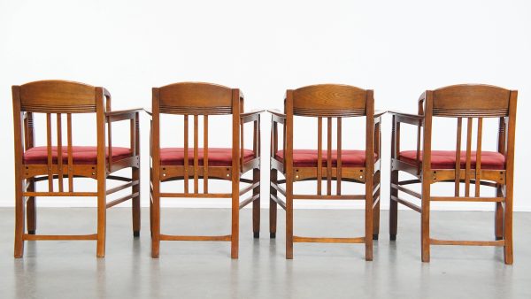 Set van 4 Art Nouveau/ Jugendstil design Schuitema eetkamerstoelen met een luxe rode stoffen bekleding - Afbeelding 4