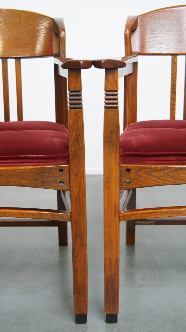 Set van 4 Art Nouveau/ Jugendstil design Schuitema eetkamerstoelen met een luxe rode stoffen bekleding - Afbeelding 15