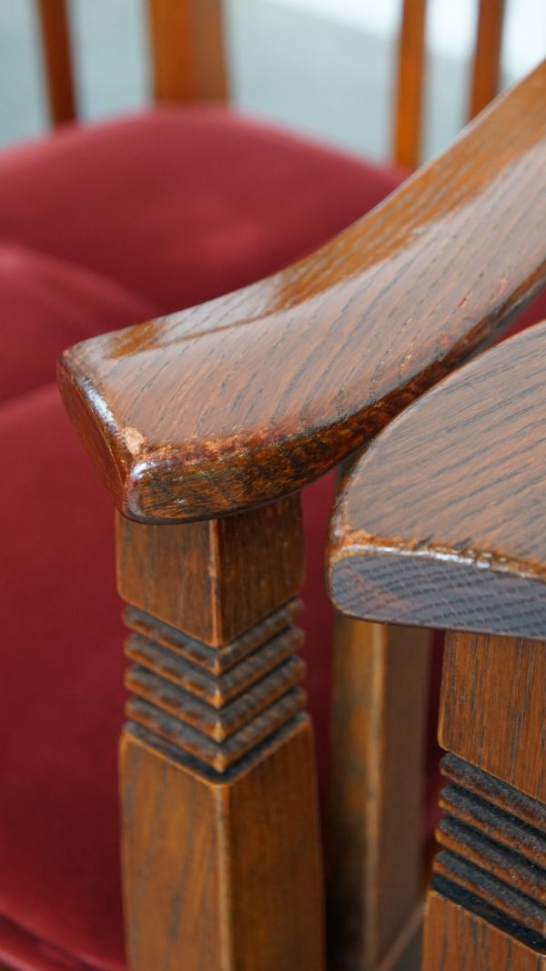 Set van 4 Art Nouveau/ Jugendstil design Schuitema eetkamerstoelen met een luxe rode stoffen bekleding - Afbeelding 21