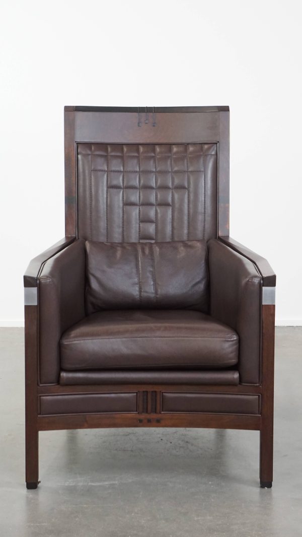 Luxe Art Deco Schuitema design fauteuil met donkerbruin leer uit de Decoforma serie met sierlijke stiksels - Afbeelding 2