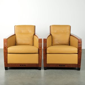Luxe set van twee prachtige gele rundleren Art Deco design fauteuils van Schuitema, model Frank, uit de Decoforma serie