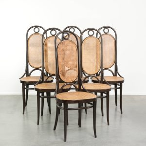 Set van 6 originele vintage Thonet long John design eetkamerstoelen/ bistrostoelen met webbing