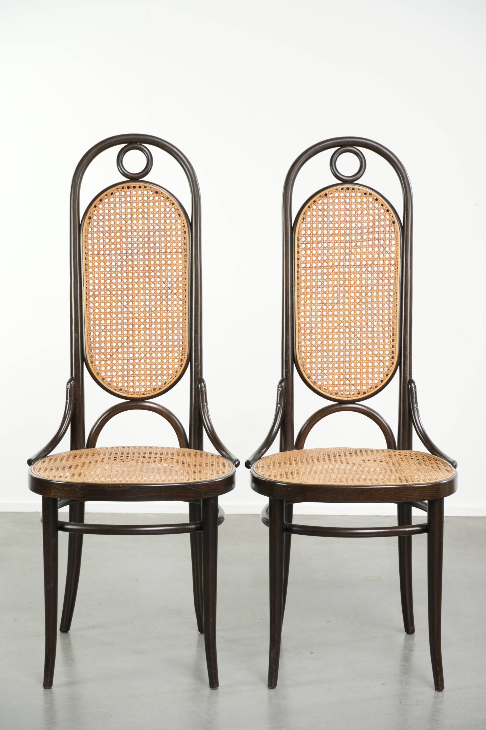 Set van 6 originele vintage Thonet long John design eetkamerstoelen/ bistrostoelen met webbing - Afbeelding 2