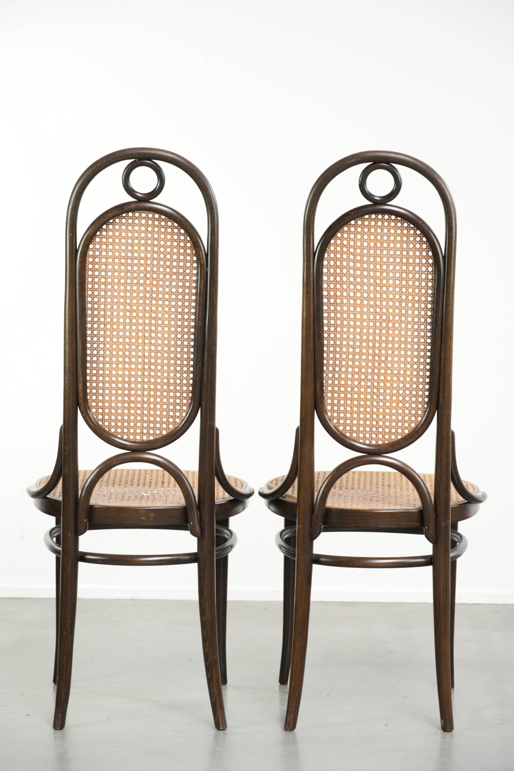 Set van 2 originele vintage Thonet design webbing eetkamerstoelen/ bistrostoelen met gebogen hout model long john - Afbeelding 3