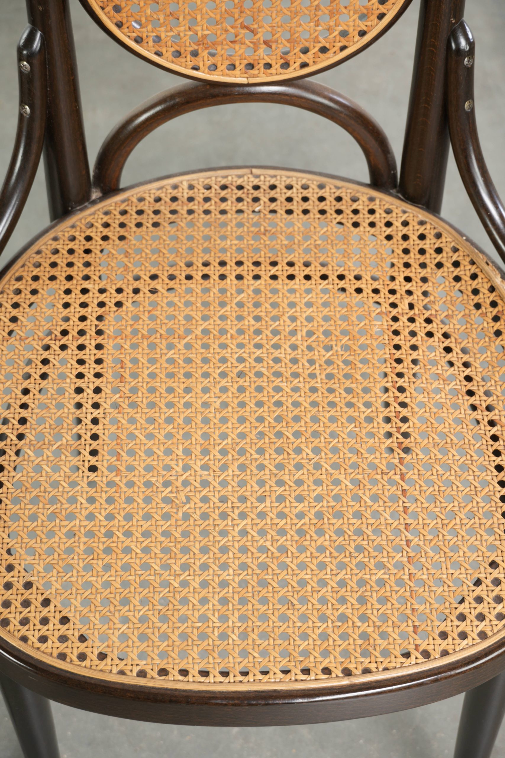Set van 2 originele vintage Thonet design webbing eetkamerstoelen/ bistrostoelen met gebogen hout model long john - Afbeelding 5