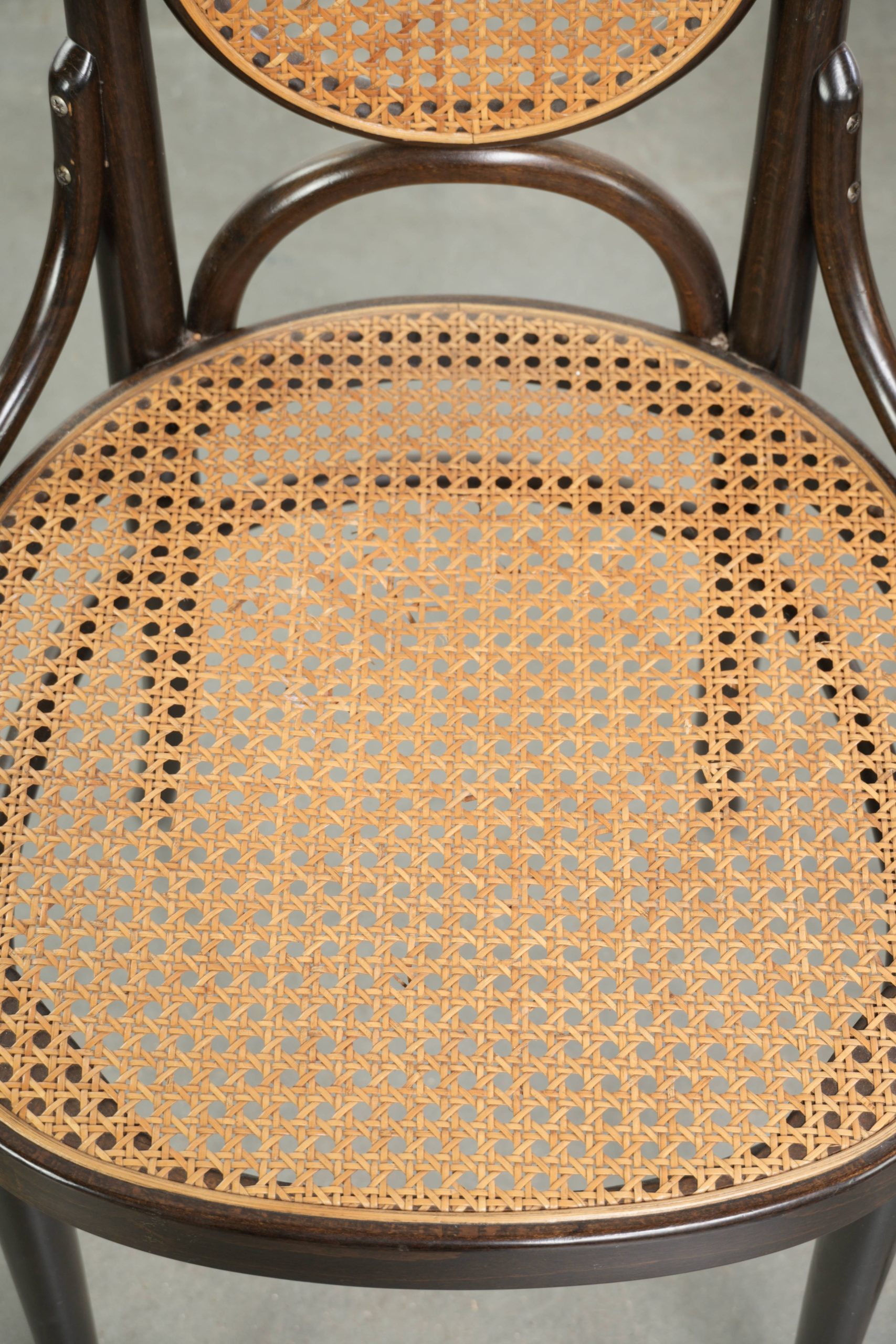 Set van 2 originele vintage Thonet design webbing eetkamerstoelen/ bistrostoelen met gebogen hout model long john - Afbeelding 6