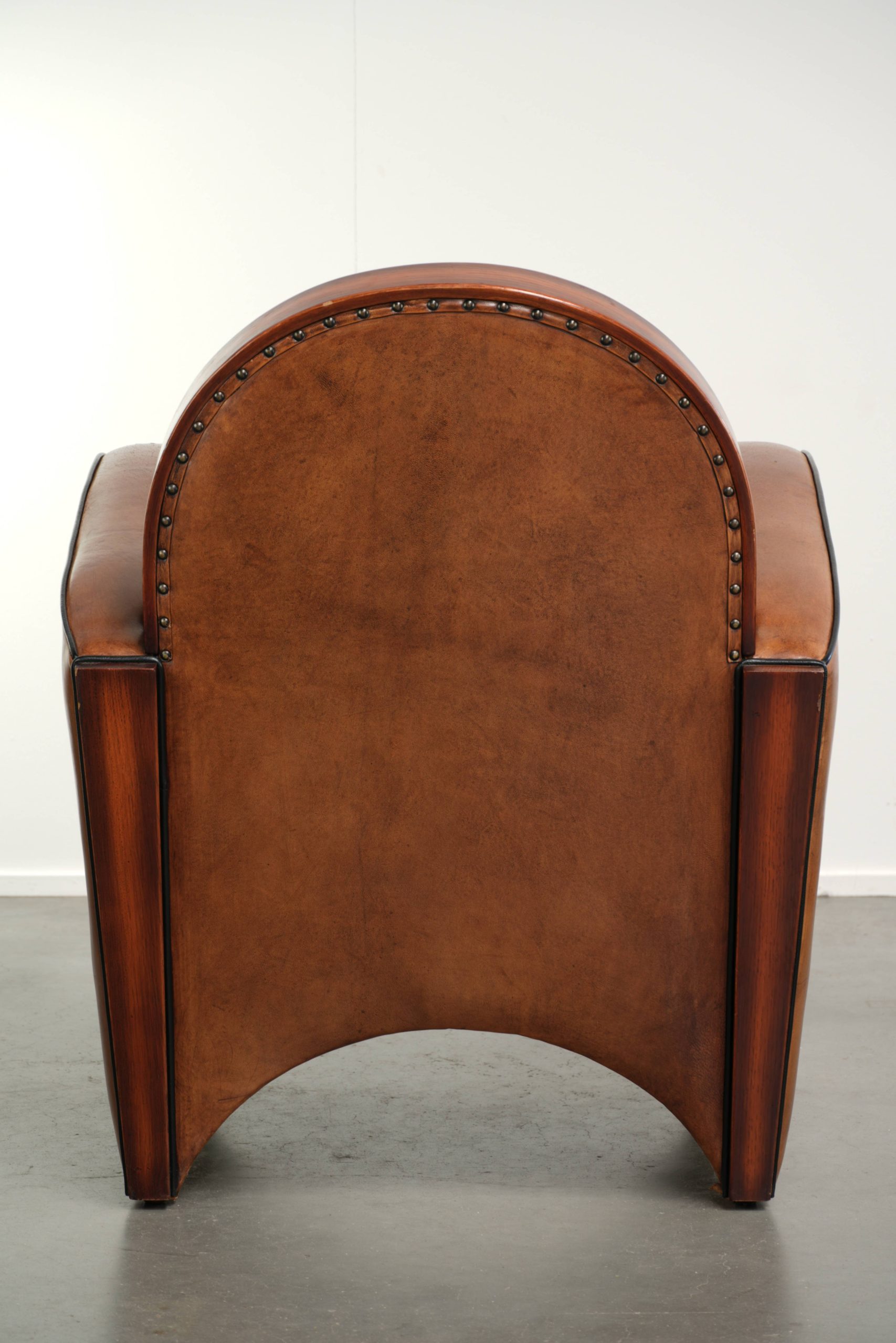 Schapenleren Art Deco armchair in een warme cognac kleur met een stoffen zitting in een leuk patroon - Afbeelding 4