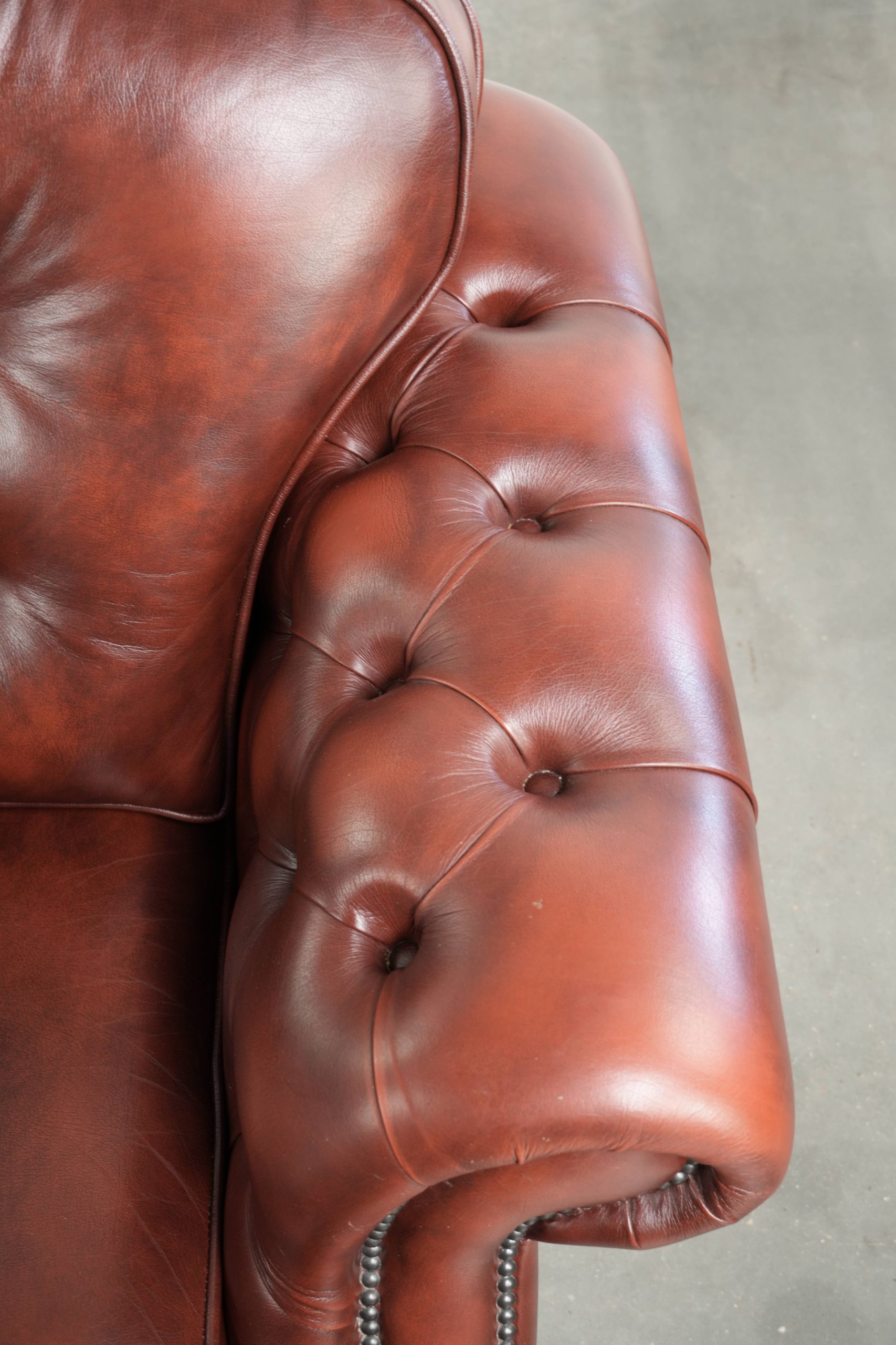 Bruine rundleren chesterfield fauteuil in een uniek design afgewerkt met siernagels - Afbeelding 8