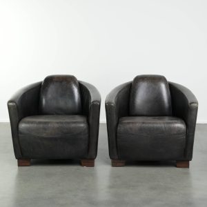 Vintage set van 2 rundleren armchairs in Aviator design van zwart generfd leer met een comfortabele zit